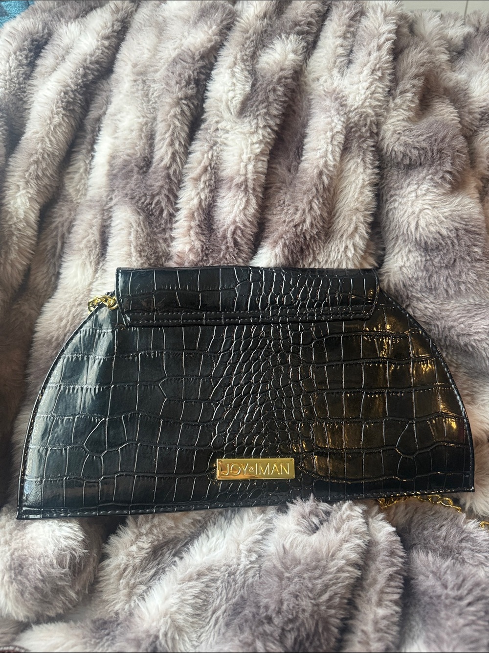 Joy & Iman Black Croc-Embossed Half Moon Clutch with Gold Hardware